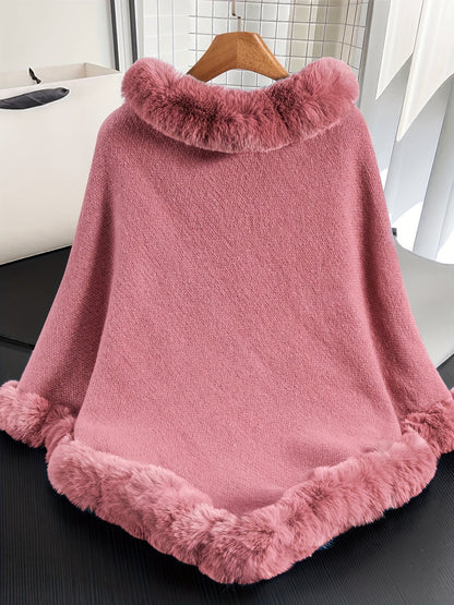 Poncho Femme Tricoté Bleu Marine avec Col et Bordure en Fourrure Synthétique
