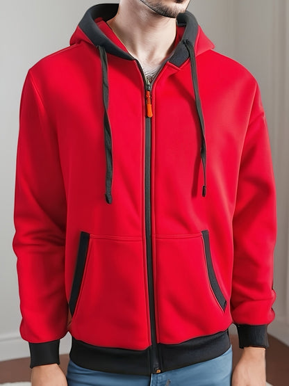 Sweat à Capuche Zippé Bicolore Homme avec Poches Kangourou et Cordon de Serrage