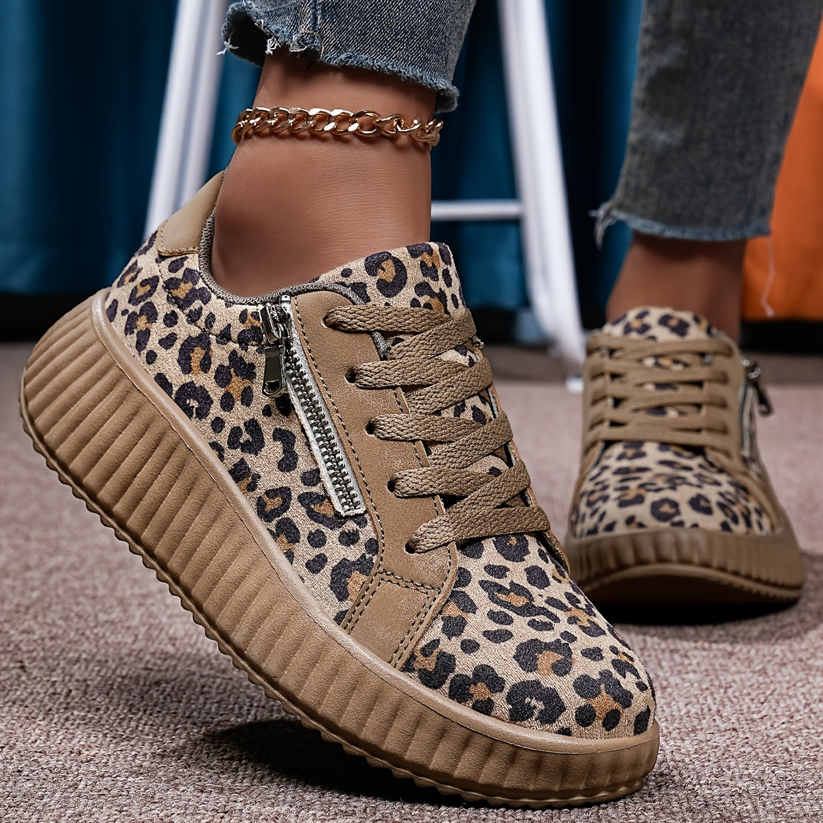 Baskets Femme Léopard Mode à Lacets avec Plateforme et Fermeture Éclair - Style Urbain Décontracté