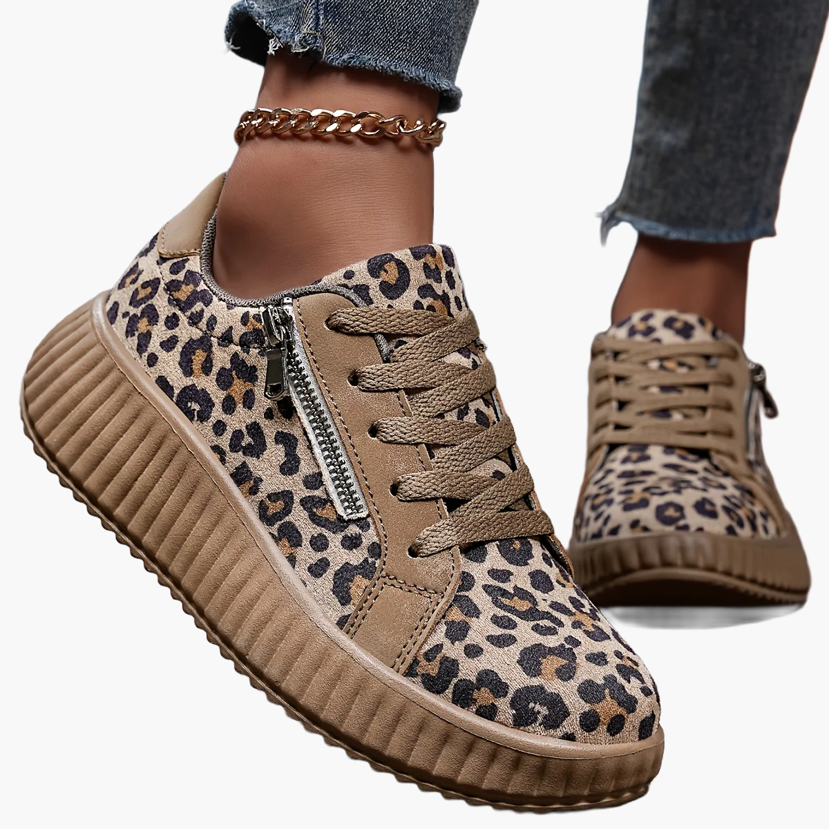 Baskets Femme Léopard Mode à Lacets avec Plateforme et Fermeture Éclair - Style Urbain Décontracté