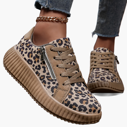 Baskets Femme Léopard Mode à Lacets avec Plateforme et Fermeture Éclair - Style Urbain Décontracté