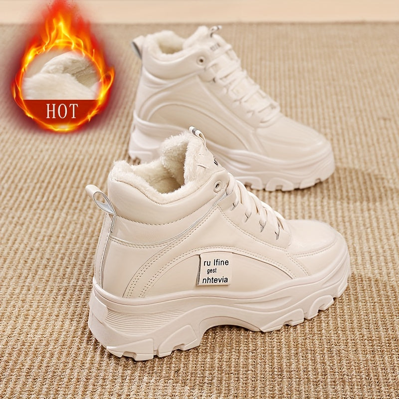 Baskets montantes femme fourrées épaisses semelle compensée blanc ou beige