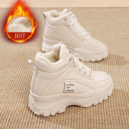 Baskets montantes femme fourrées épaisses semelle compensée blanc ou beige