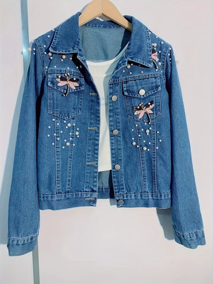 Veste en jean femme bleue brodée de perles et ornements
