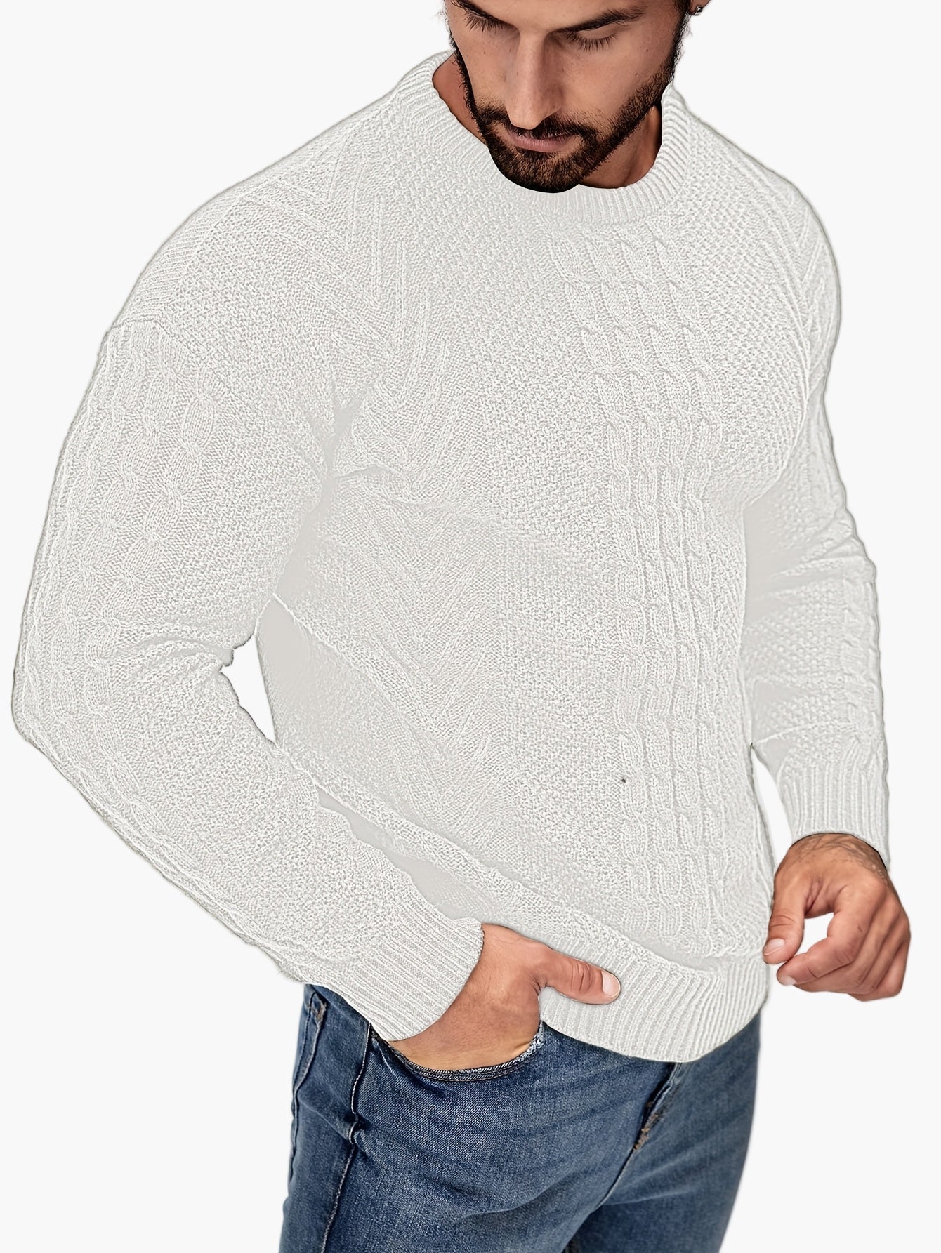 Jersey de punto trenzado para hombre estilo urbano casual – Mangas largas, elegante otoño/invierno
