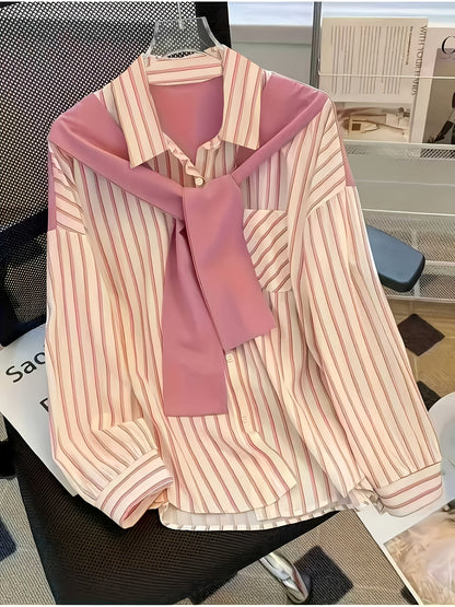 Chemise rayée femme à manches longues avec fausse écharpe nouée devant