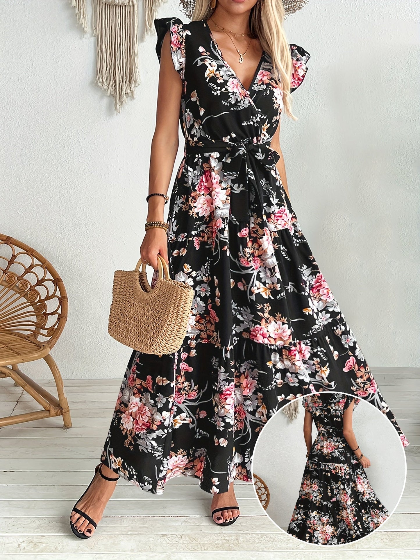 Langes Wickelkleid mit Blumenmuster im Urlaubsstil für Damen  