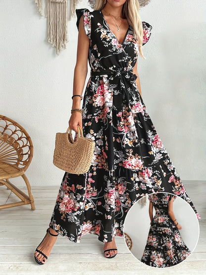 Langes Wickelkleid mit Blumenmuster im Urlaubsstil für Damen  