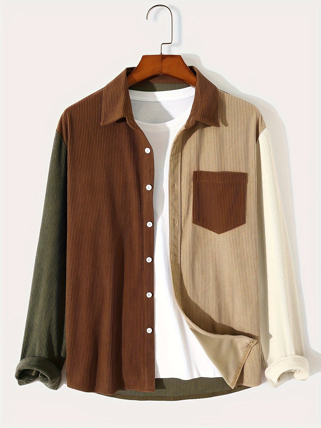 Chemise Homme Patchwork Côtelé Manches Longues Multicolore Beige Marron Kaki Blanc Cassé