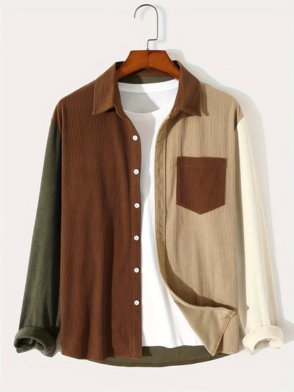 Chemise Homme Patchwork Côtelé Manches Longues Multicolore Beige Marron Kaki Blanc Cassé