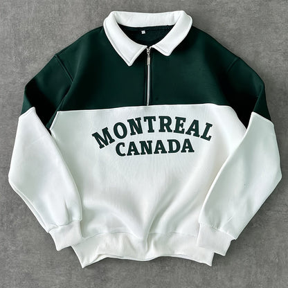 Sweatshirt Polo Bicolore Homme avec Fermeture Éclair Courte et Inscription "MONTREAL CANADA"