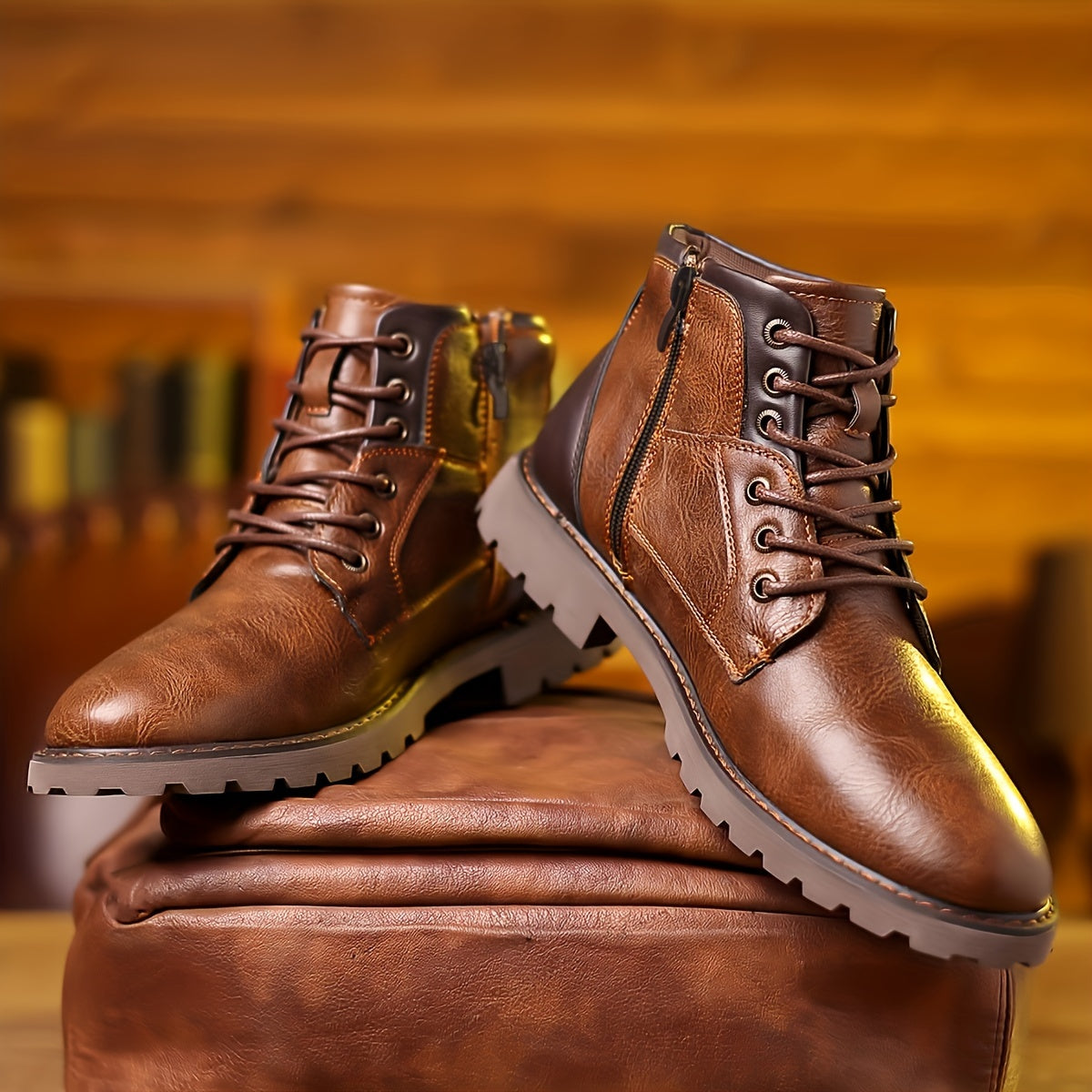 Bottes montantes homme marron lacées avec fermeture éclair latérale et semelle crantée