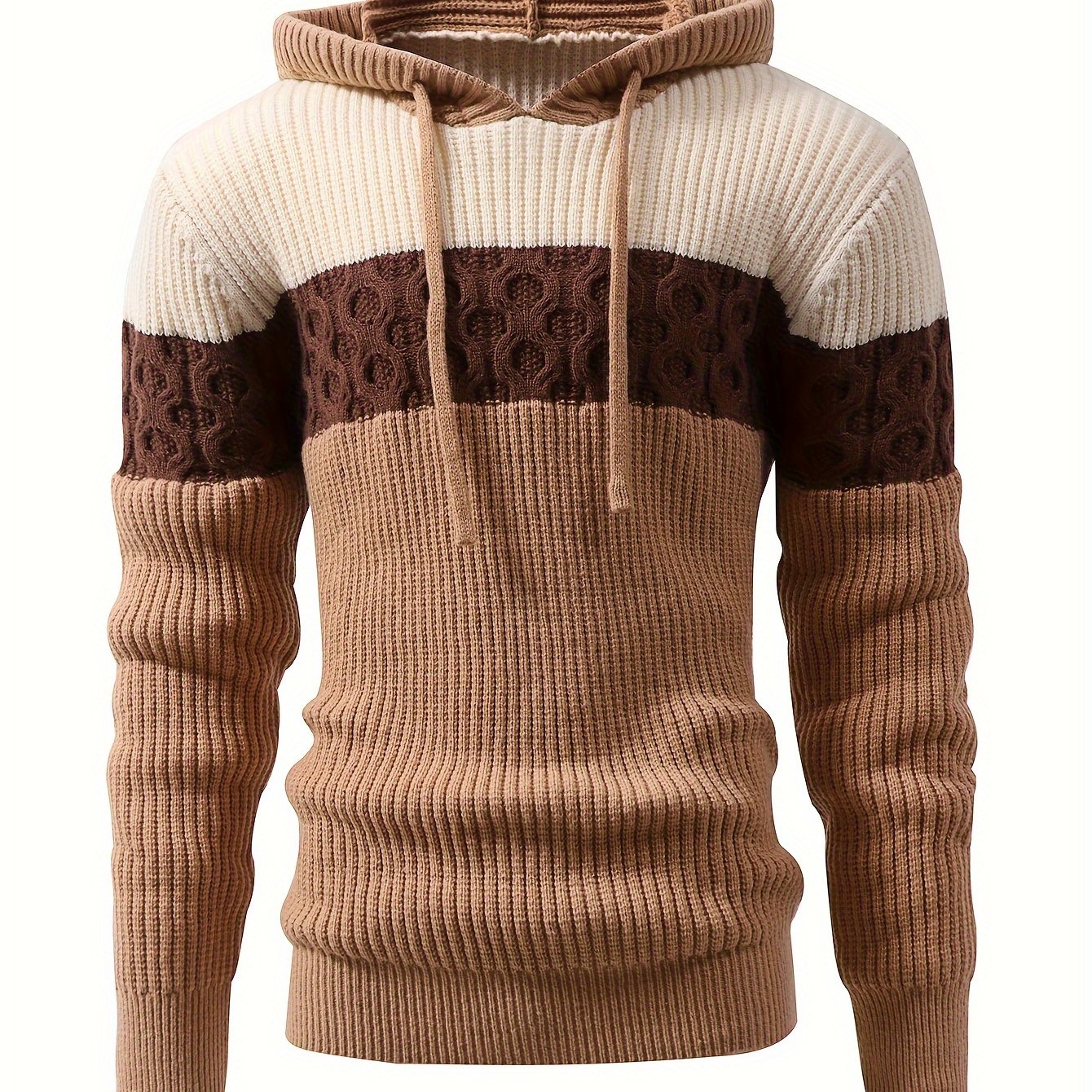 Pull à capuche homme tricoté à rayures, beige, marron et crème, motif torsadé décontracté