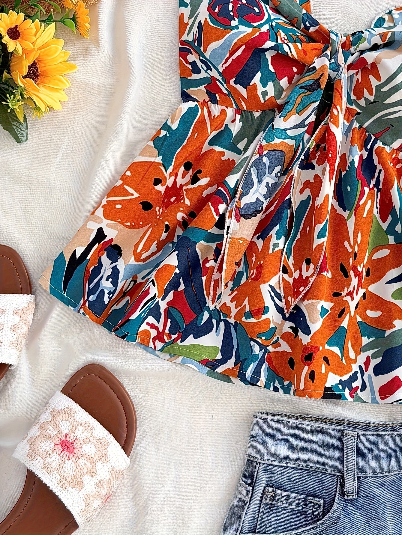 Top senza spalline annodato da donna stile vacanze con motivo floreale astratto – ideale per estate e spiaggia