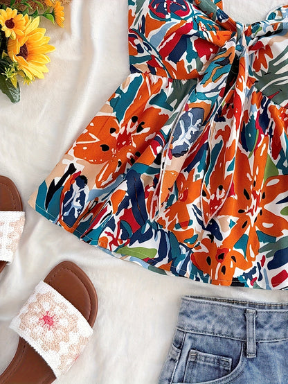 Top senza spalline annodato da donna stile vacanze con motivo floreale astratto – ideale per estate e spiaggia