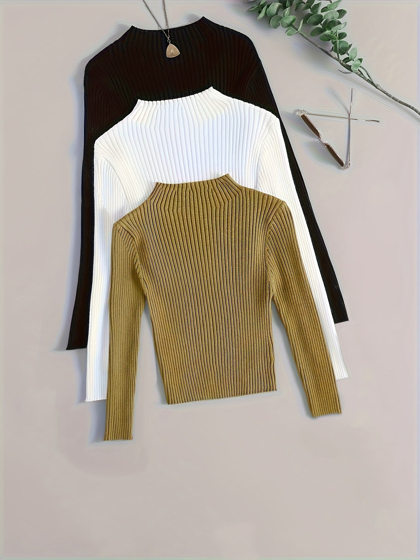 Pull côtelé à col montant pour femme, manches longues