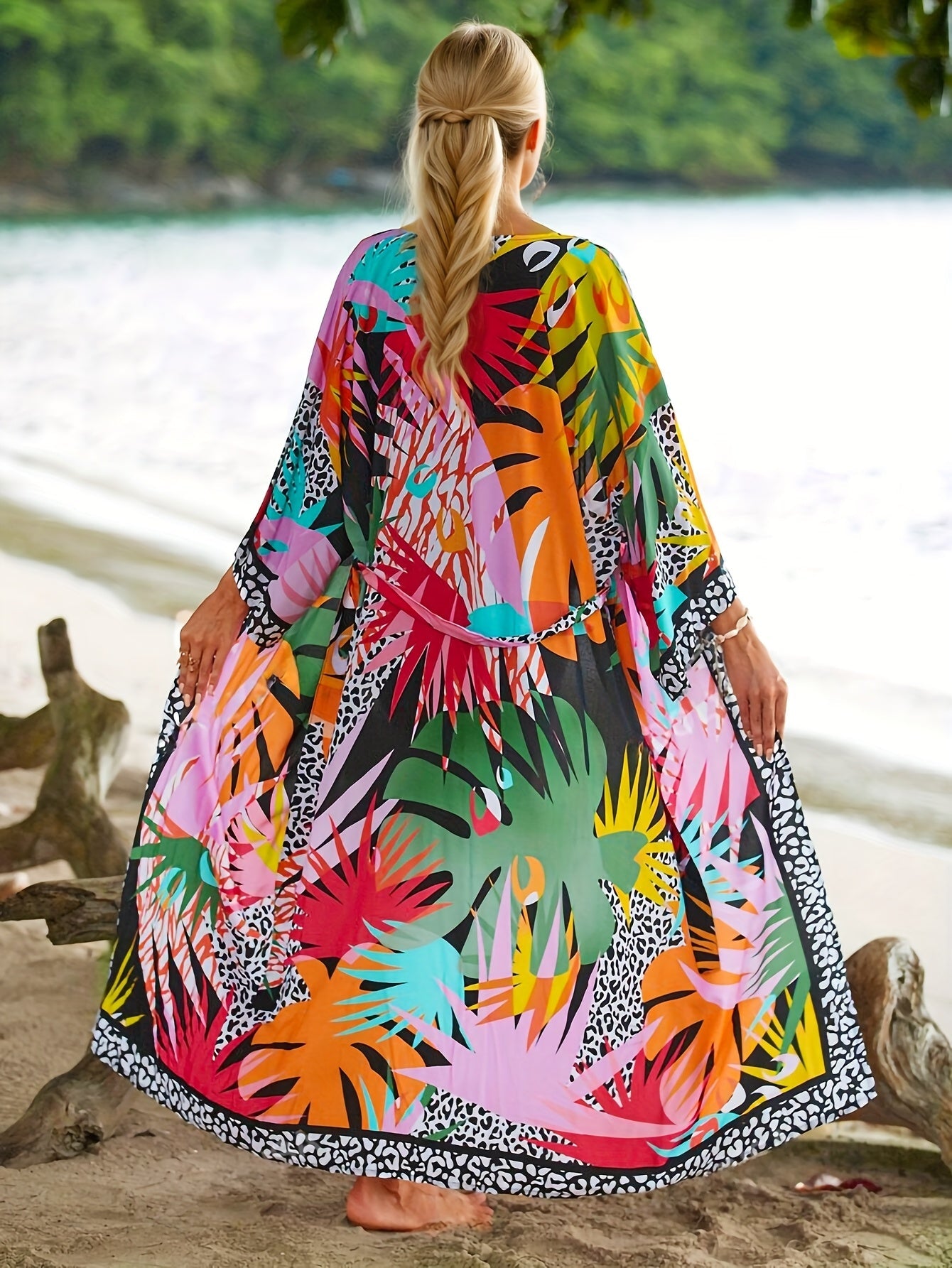 Kimono Long de Plage pour Femme Style Tropical Graphique et Animalier - Idéal Vacances et Bord de Mer