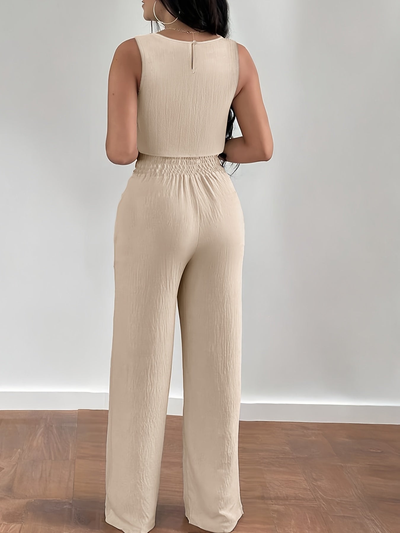 Ensemble deux pièces femme style élégant crop top découpé et pantalon taille haute ample pour printemps/été