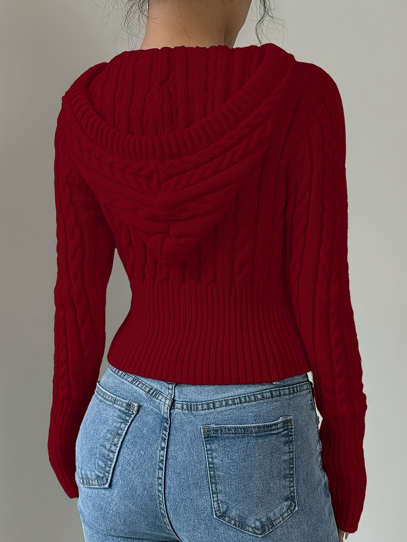 Sweat à capuche Femme tricoté torsadé court avec zip et cordon de serrage