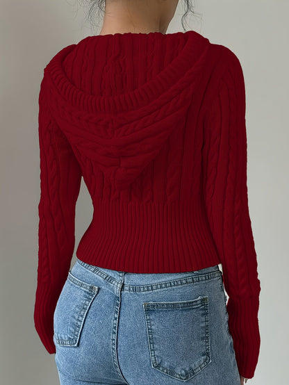 Sweat à capuche Femme tricoté torsadé court avec zip et cordon de serrage
