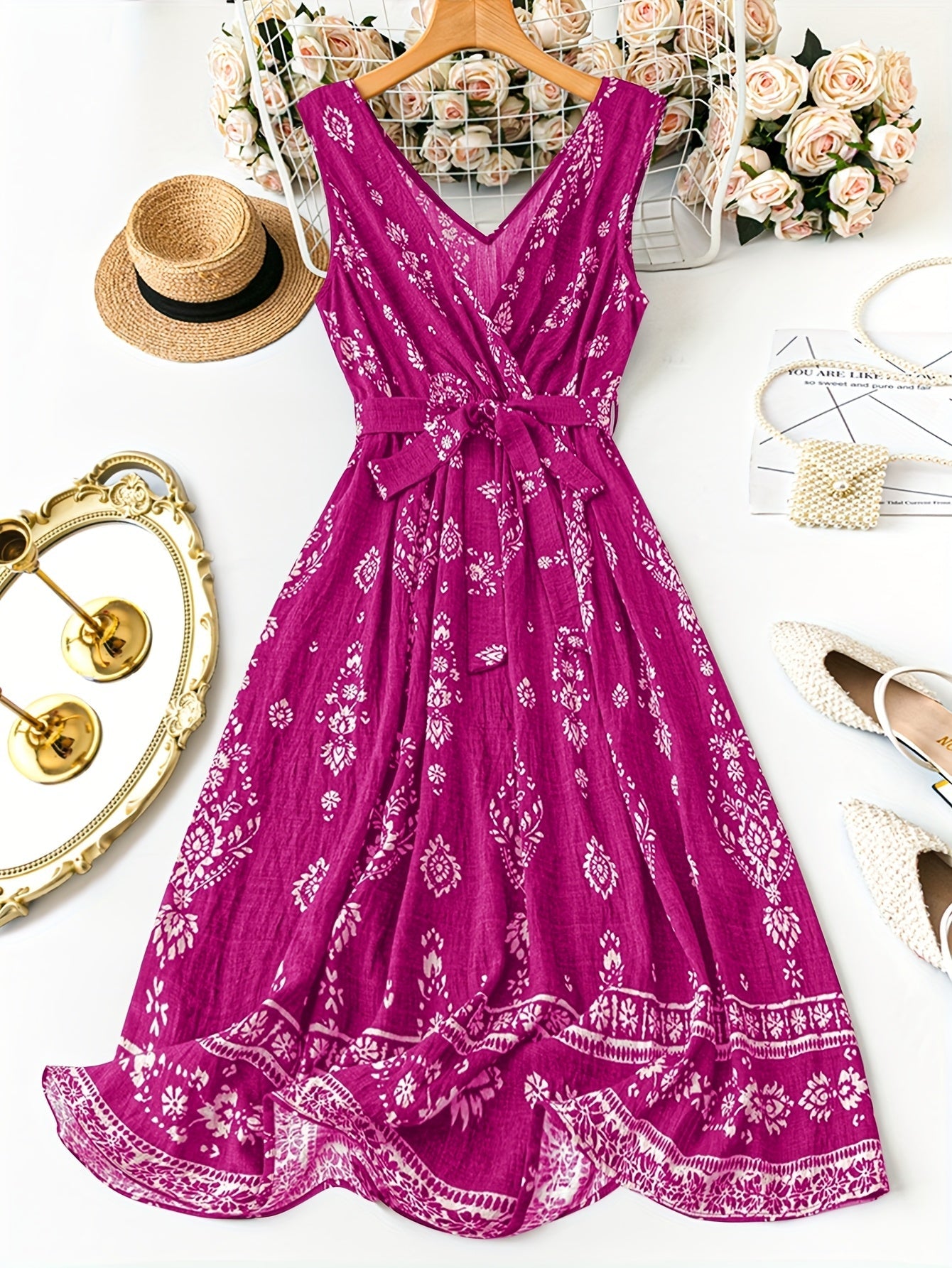 Vestido largo bohemio para mujer con estampado damasco y cinturón, estilo vintage chic