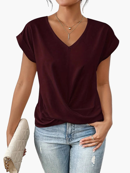 T-shirt décontracté col en V pour femme - Style chic et polyvalent, idéal quotidien et sorties