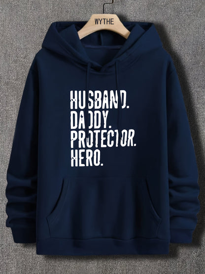 Herrtröja med huva och tryck - HUSBAND DADDY PROTECTOR HERO - Avslappnad stil Perfekt present