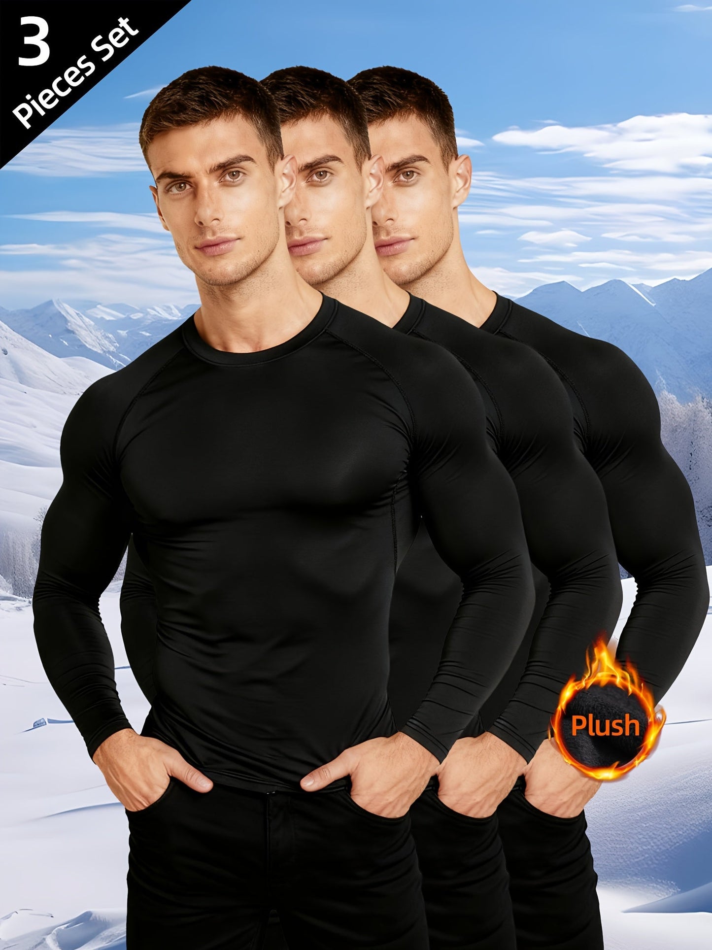 Ensemble Sous-vêtements Thermiques Homme Noir Manches Longues Lot de 3