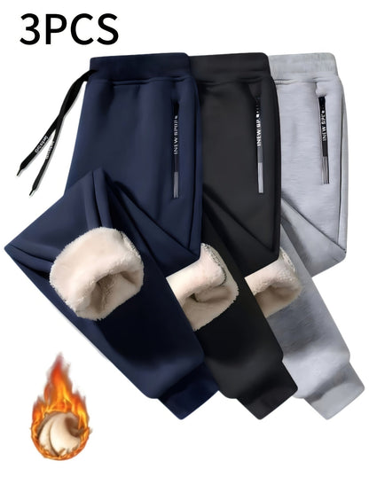 Lot de 3 Pantalons de Survêtement Polaire Homme, Élastique, Doublure Chaude, Poches Zippées, Bleu Marine, Noir et Gris Clair
