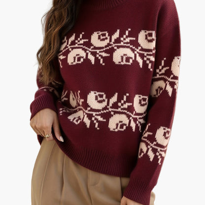 Elegante gebloemde jacquard trui voor dames, herfst-winter stijl, lange mouwen
