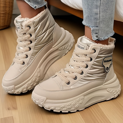Bottes montantes femme fourrées crème brillantes lacets semelle épaisse