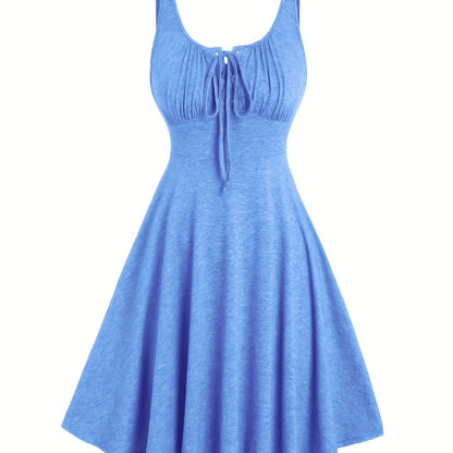 Lässiges Damenkleid mit Ausschnitt und Ösen-Trägern, ausgestellter Frühling-Sommer-Stil  