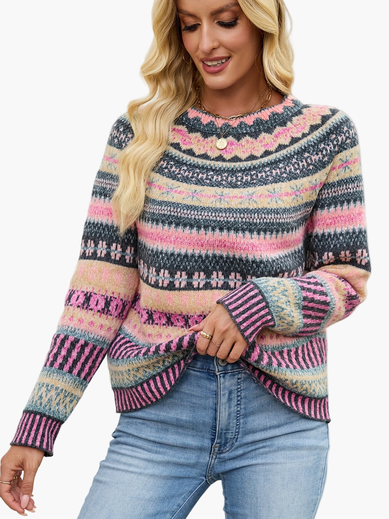 Pull d'hiver femme à motifs géométriques style nordique élégant