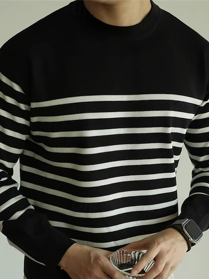 Pull Homme Marinière Col Rond Rayé Manches Longues Noir Blanc