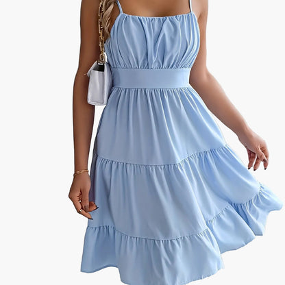 Robe d'été femme style décontracté à bretelles fines, volants, allure vacances