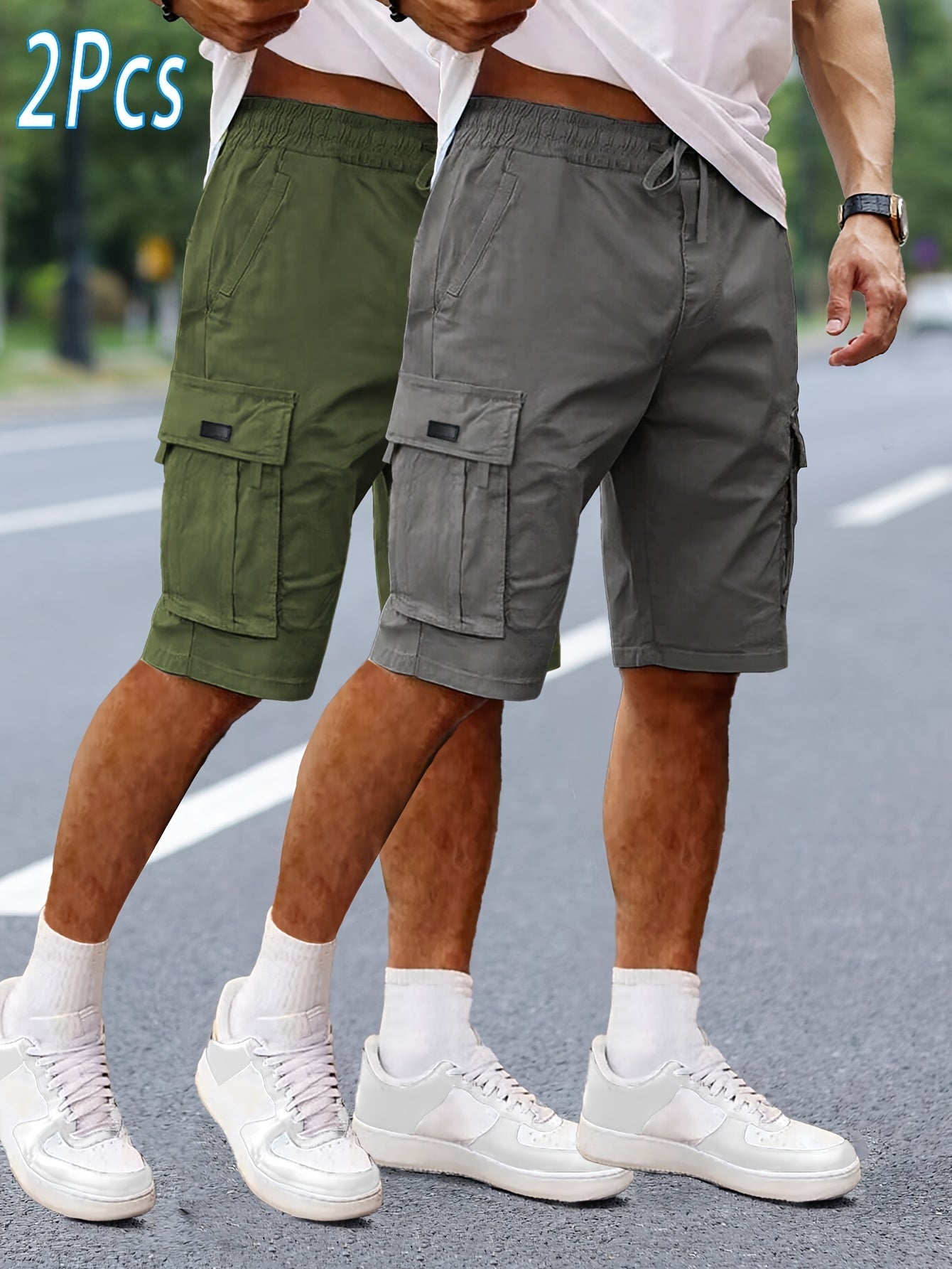 Shorts cargo casual da uomo 2 pezzi, stile urbano e versatile, ideali per il tempo libero e le attività all'aperto