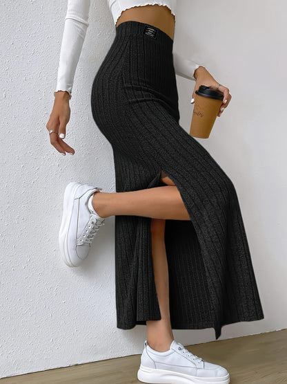 Jupe longue noire côtelée fendue style sirène pour femme