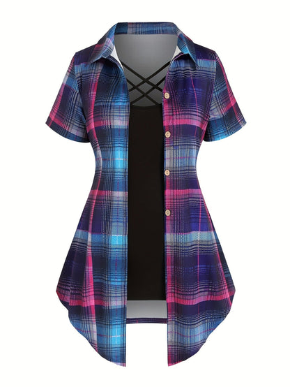 Chemise longue à carreaux style élégant pour femme, manches courtes, col à revers, été