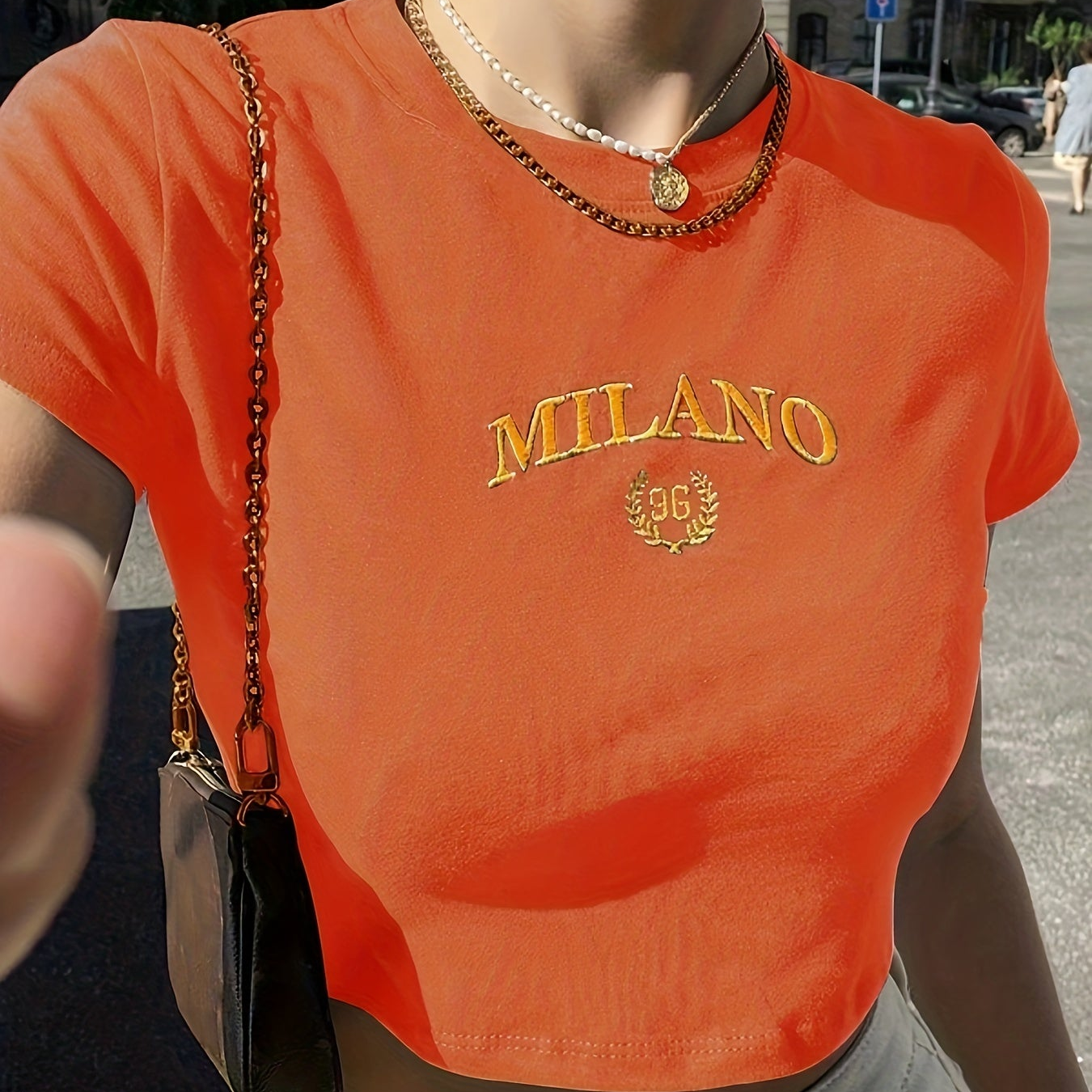 T-shirt court femme style Y2K Milano brodé, tendance été, manches courtes, col rond
