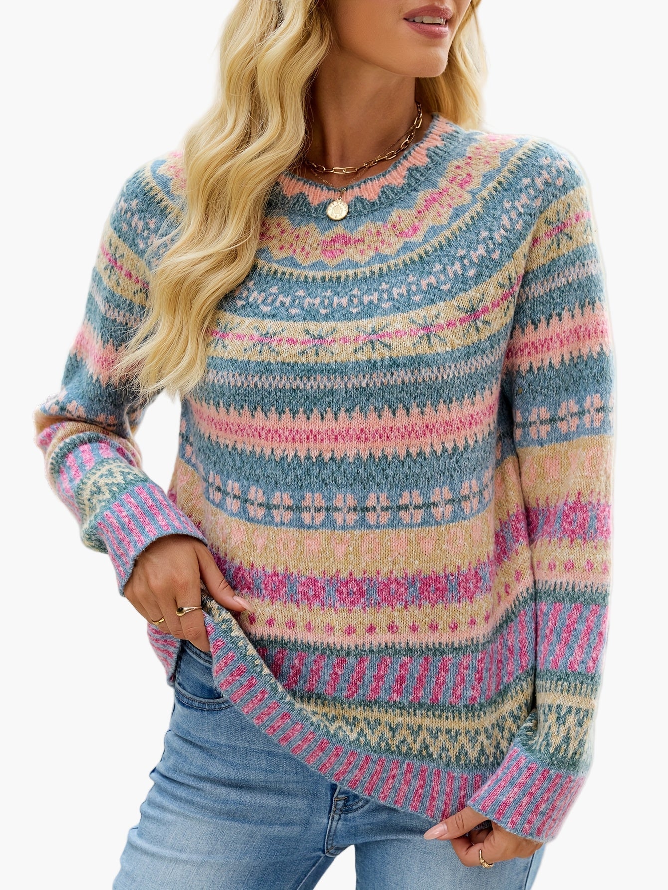 Pull d'hiver femme à motifs géométriques style nordique élégant
