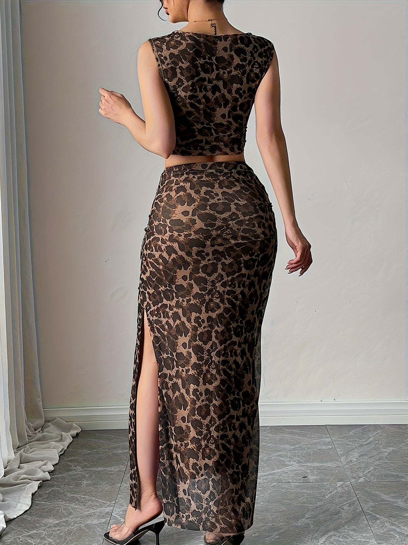 Lange rok en korte top set voor dames, luipaardprint, elegant, ideaal voor avond of zomer