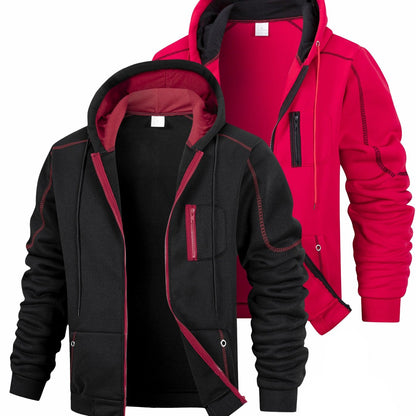 Lot de 2 Hoodies Homme Zippés Bicolores Chauds avec Capuche et Poches