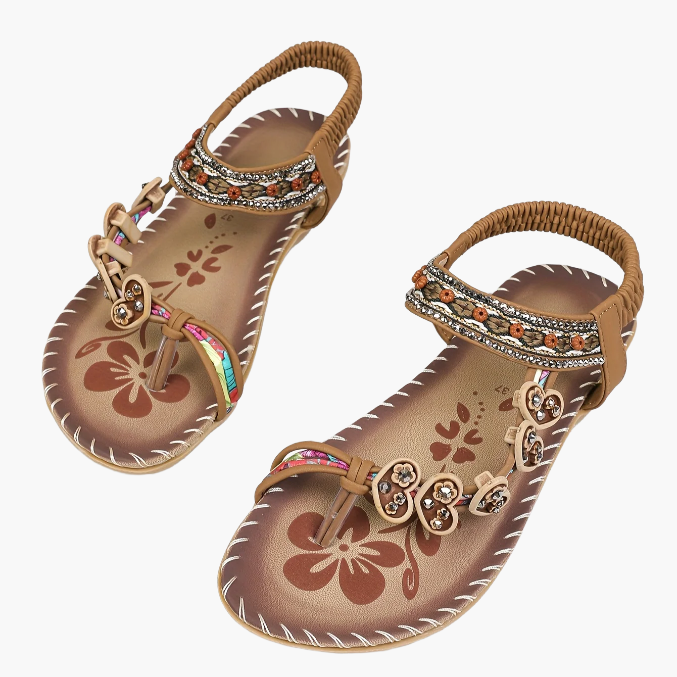 Sandales Tribales pour Femme Style Été avec Ornements Floraux et Bride Cheville
