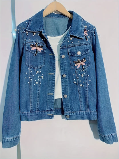 Veste en jean femme bleue brodée de perles et ornements