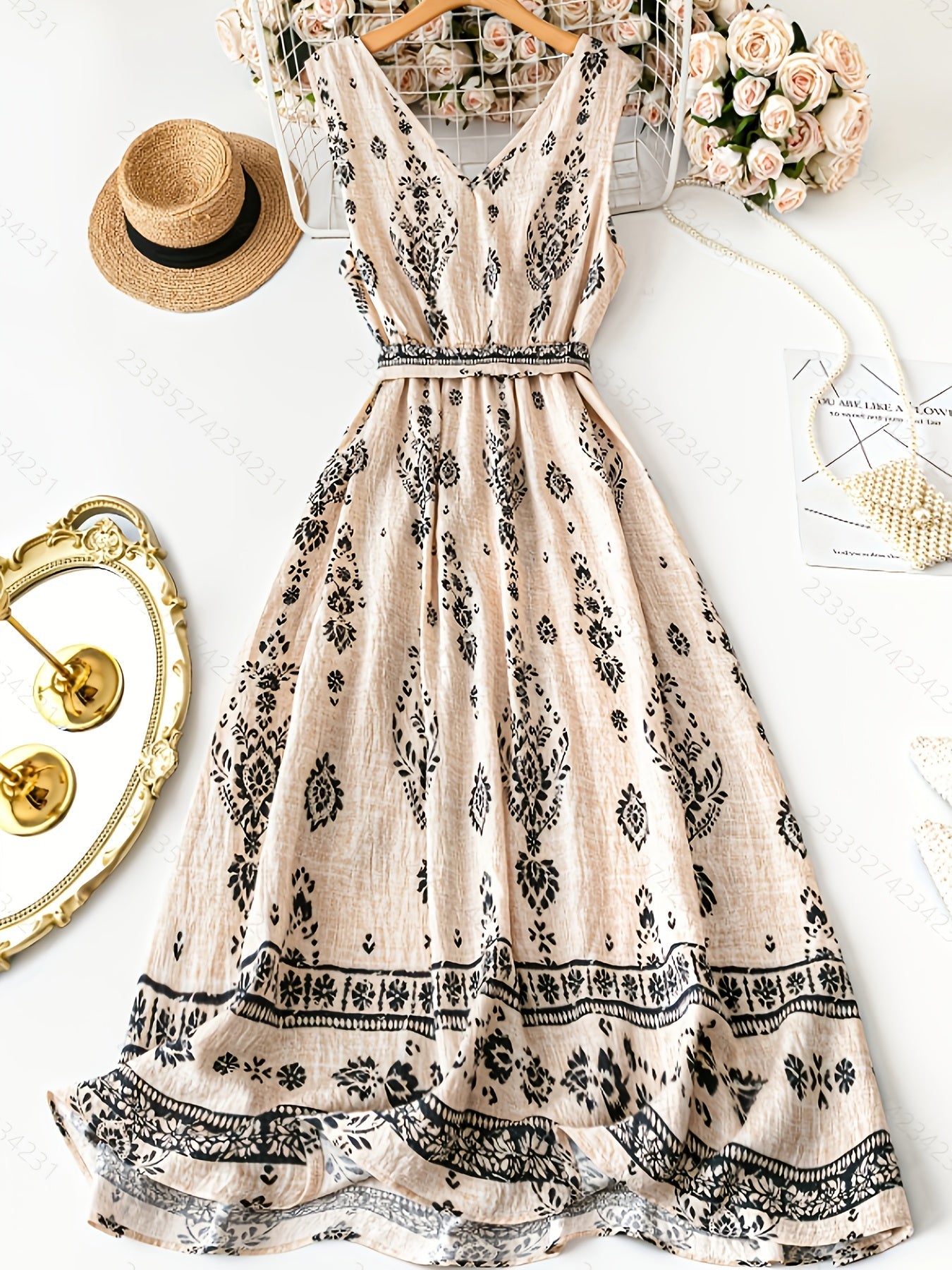 Vestido largo bohemio para mujer con estampado damasco y cinturón, estilo vintage chic