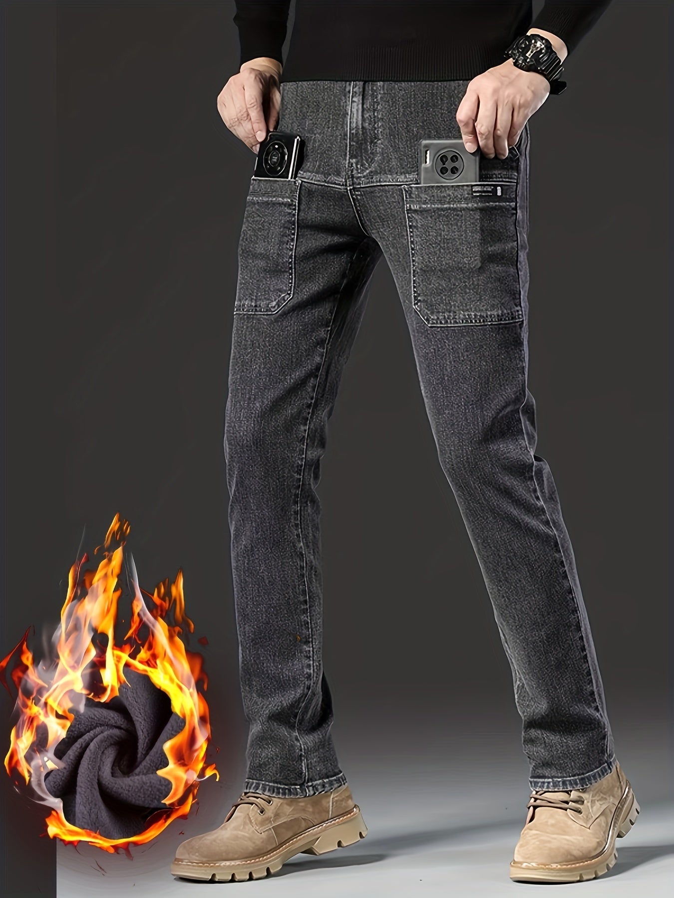 Jean Cargo Homme Hiver Doublé Polaire Coupe Droite Poches Multiples Couleur Unie