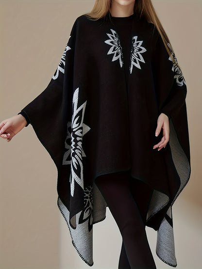 Poncho Réversible Femme Noir Motifs Floraux Blancs et Gris