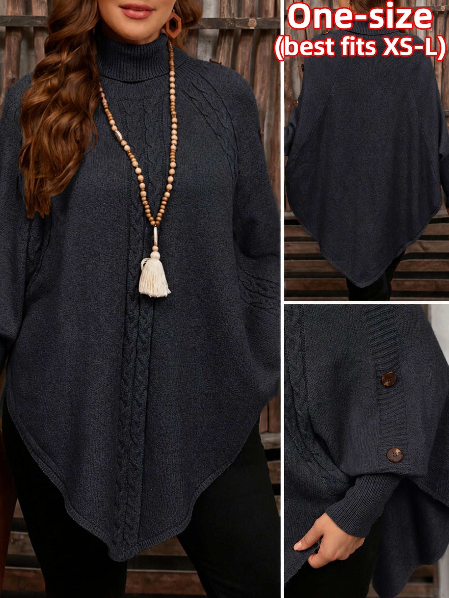 Pull poncho en tricot à col roulé et tresses avec boutons décoratifs pour femme