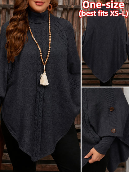 Pull poncho en tricot à col roulé et tresses avec boutons décoratifs pour femme