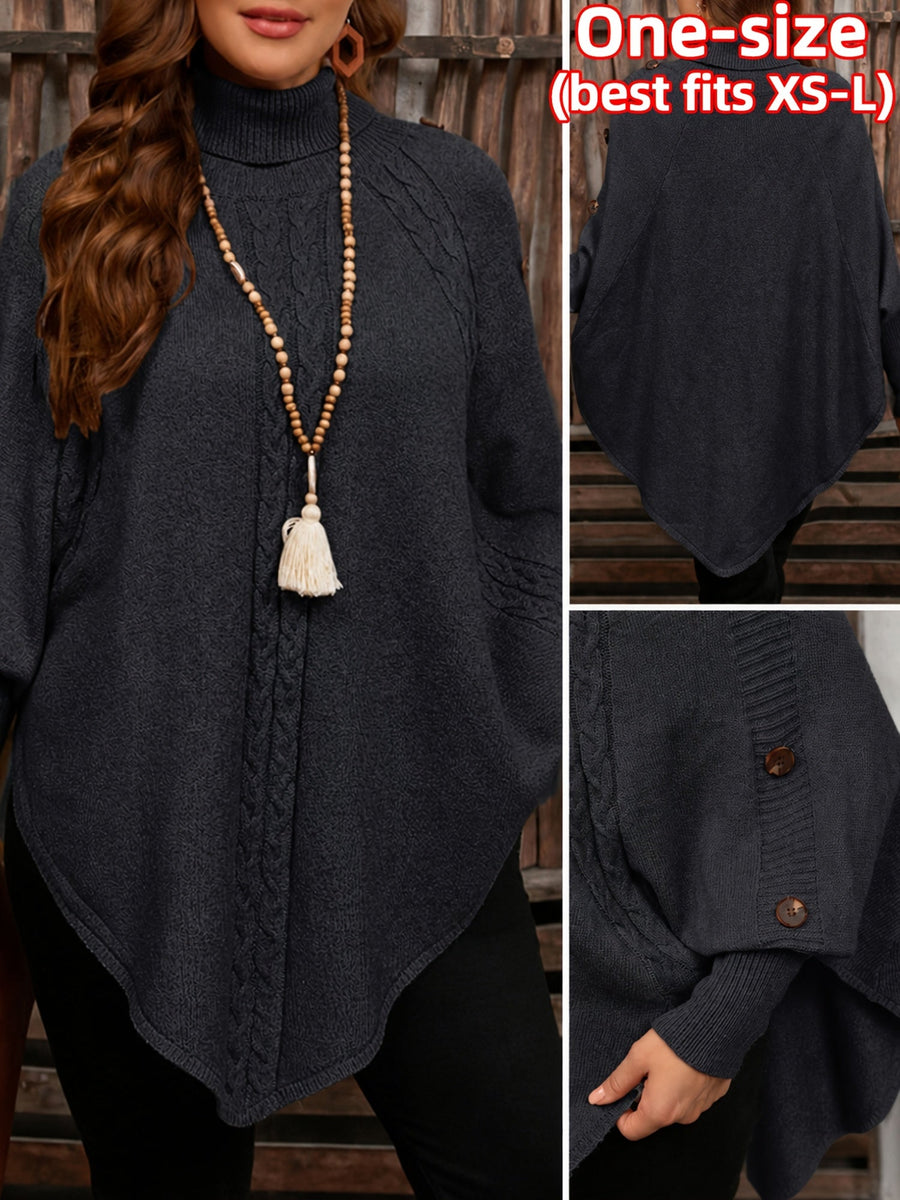 Pull poncho en tricot à col roulé et tresses avec boutons décoratifs pour femme